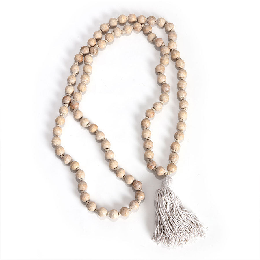 120cm XL Whitewash Mango Wood Bead Garland w/Tassle 120x2.5cm