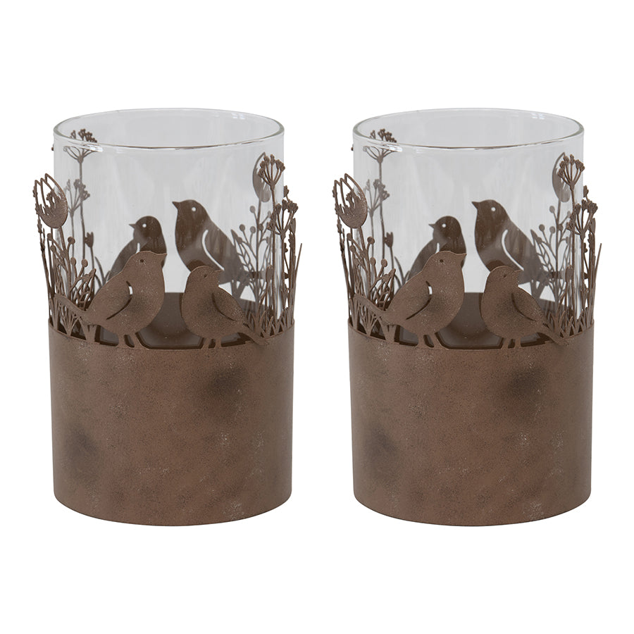 Set/2 Glass Pillar Candleholders in Stilted Rust Base w/Birds 11.5x17cm