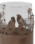 Set/2 Glass Pillar Candleholders in Stilted Rust Base w/Birds 11.5x17cm