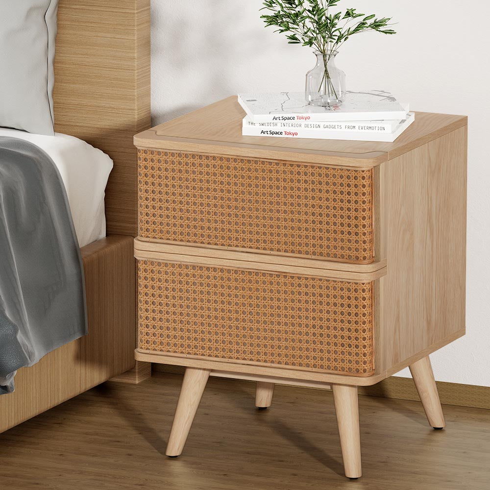 Nora Rattan Bedside Table Drawers Side End Table Storage Nightstand Oak