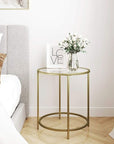 VASAGLE Round Side Table Tempered Glass End Table With Golden Metal Frame Small Coffee Table Gold LGT20G