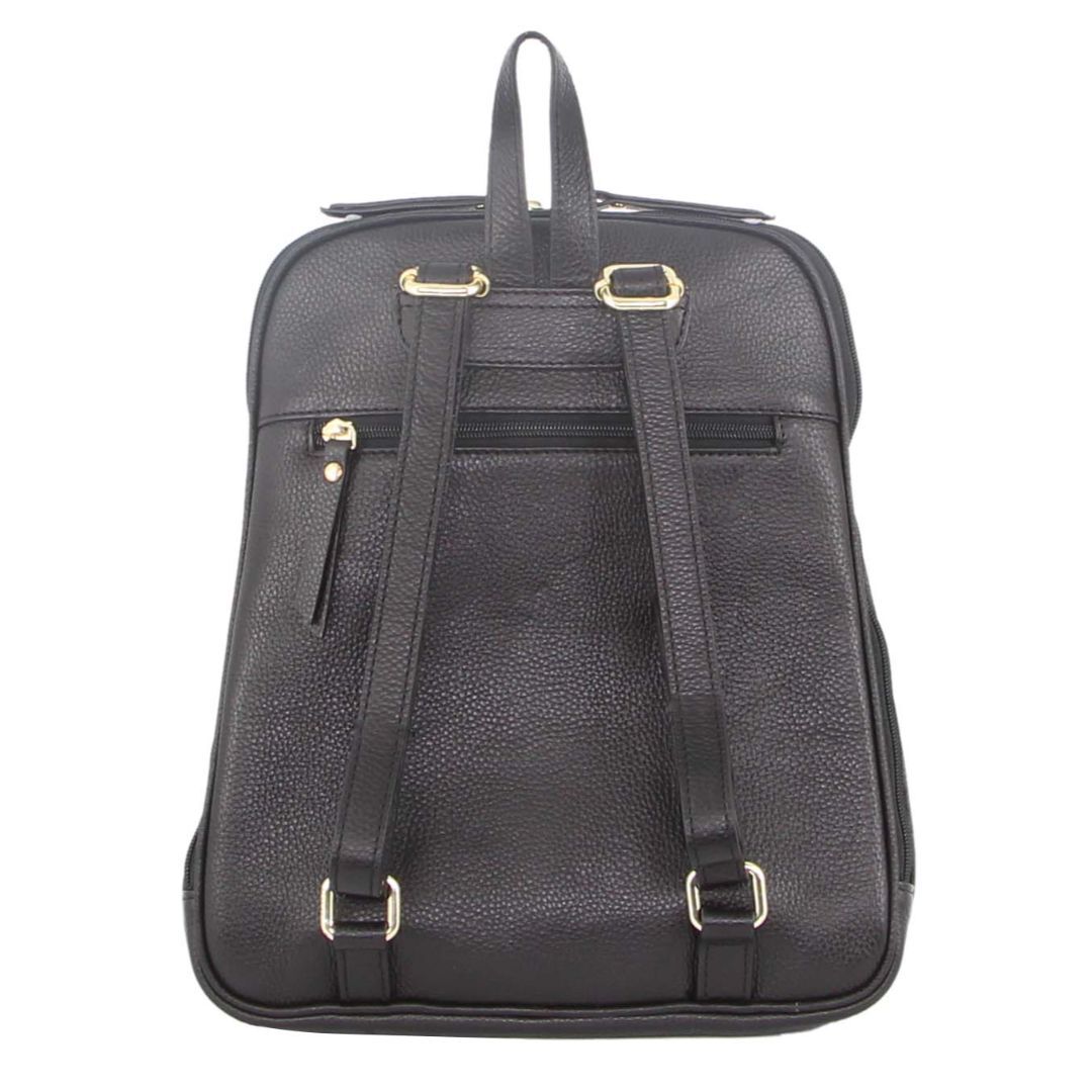 Pierre Cardin Womens Leather Backpack Bag with Pocket Front Multi-Zip - Black