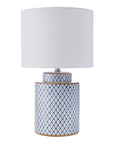 Blue and white ceramic table lamp with white shade 