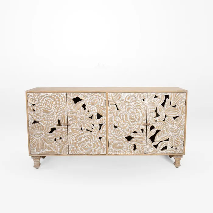 Sideboard with four doors and hand crafted floral pattern on the doors. 