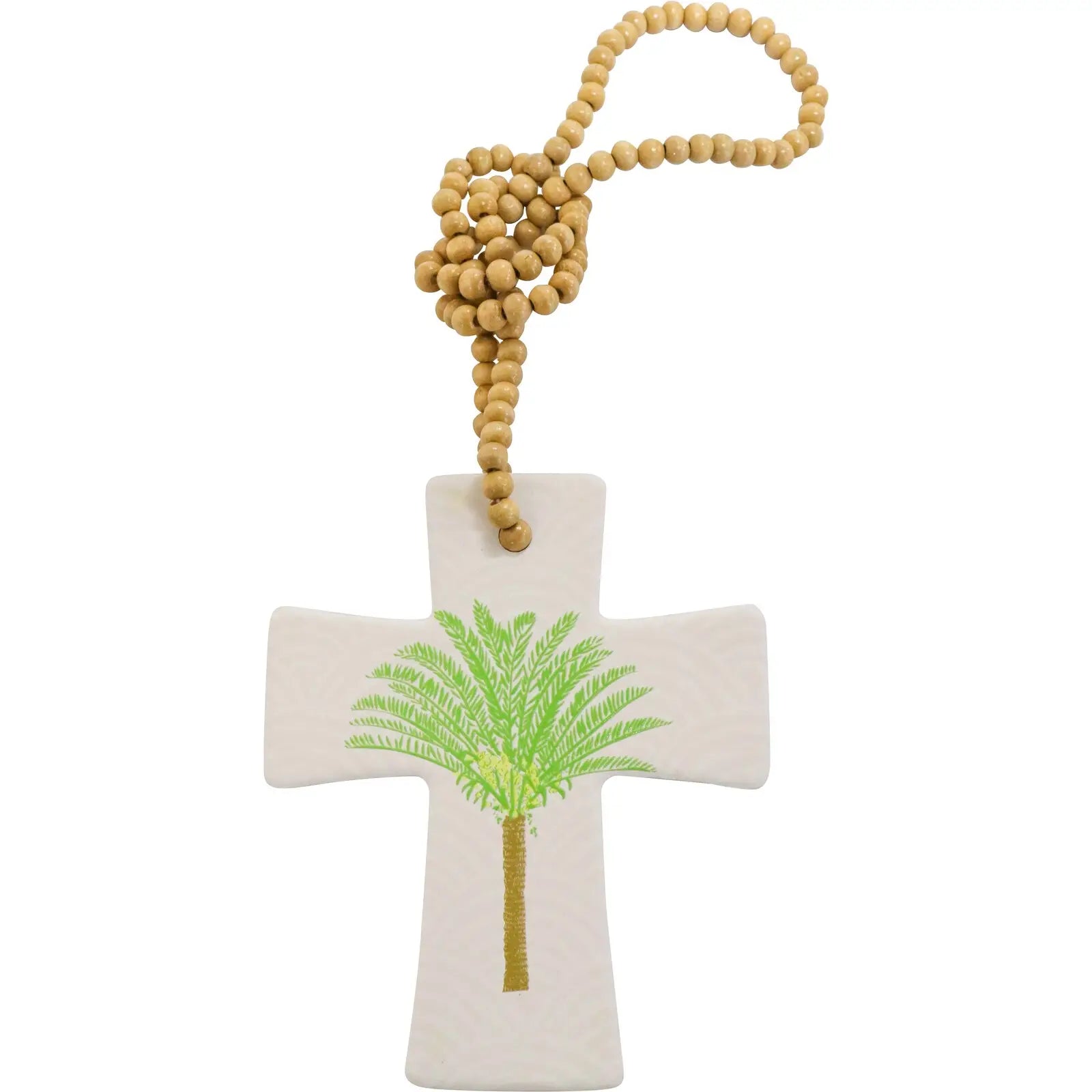 Cross with Palm motif on wooden beads 