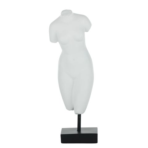 White female form sculpture on black base 