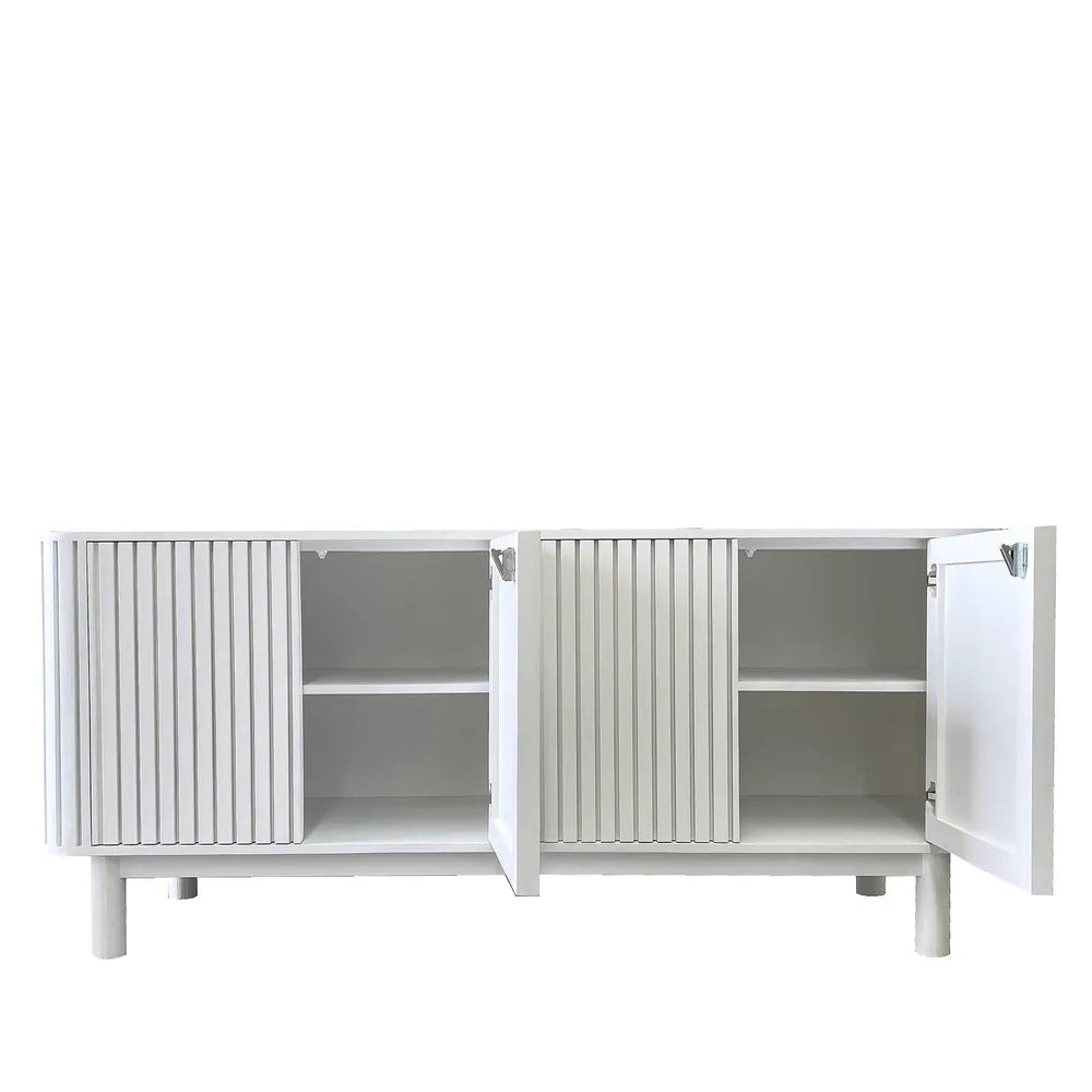 Four door white buffet table with two open doors 