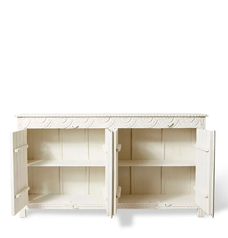 White sideboard with doors open 