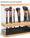 31 Holes Acrylic Bamboo Brush Holder Organiser Beauty Cosmetic Display Stand with Leather Drawer Black (22.3 x 8.6 x 21.5 cm)