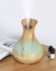 Woodgrain essential oil diffuser on table 