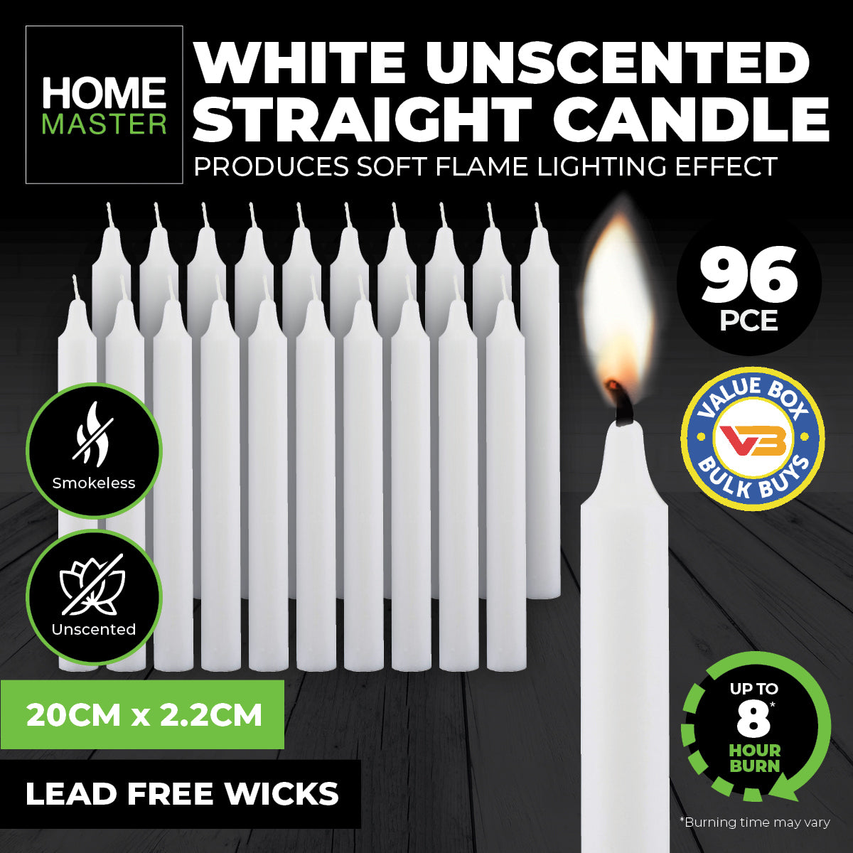 Home Master 96PCE Straight Candles White Home Decor Party Wedding 20cm